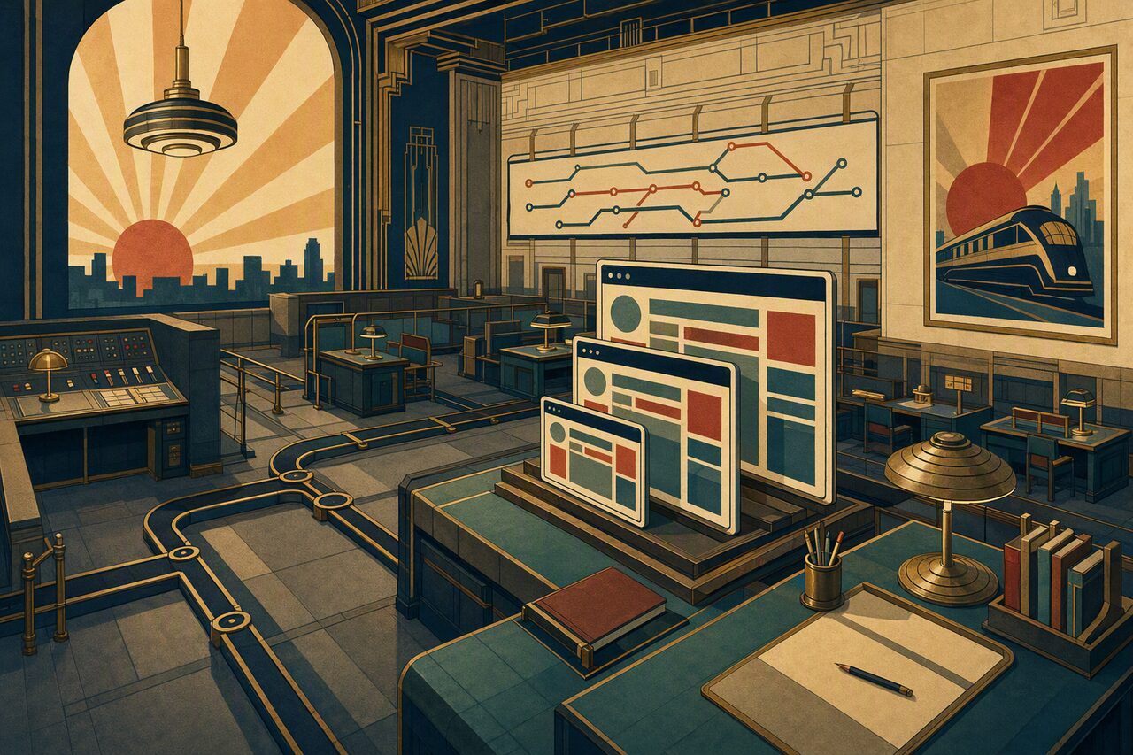 Art-deco control room with three differently sized workspace windows connected by transit lines